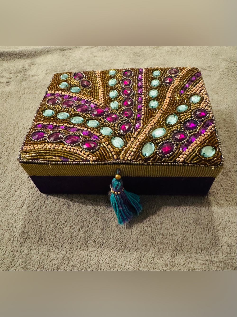 Beaded Gem Embellished Jewelry Box with Mirror